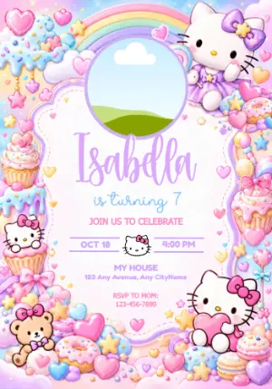 Hello Kitty Birthday Invitation with Photo - Editable Template