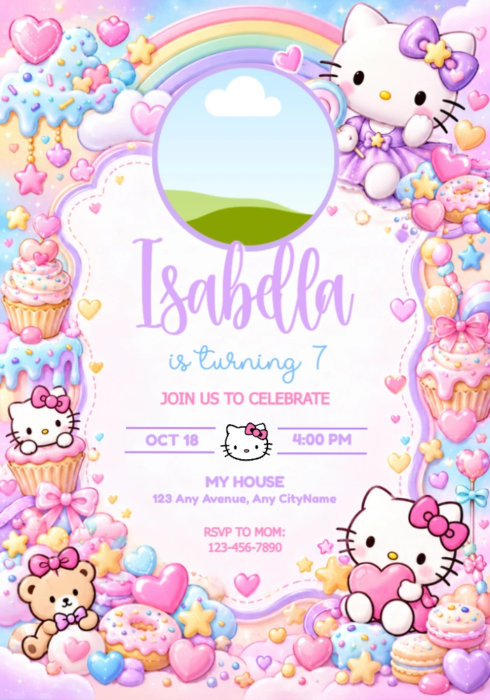 Hello Kitty Birthday Invitation with Photo - Editable Template Hello Kitty Birthday Invitation with Photo - Editable Template
