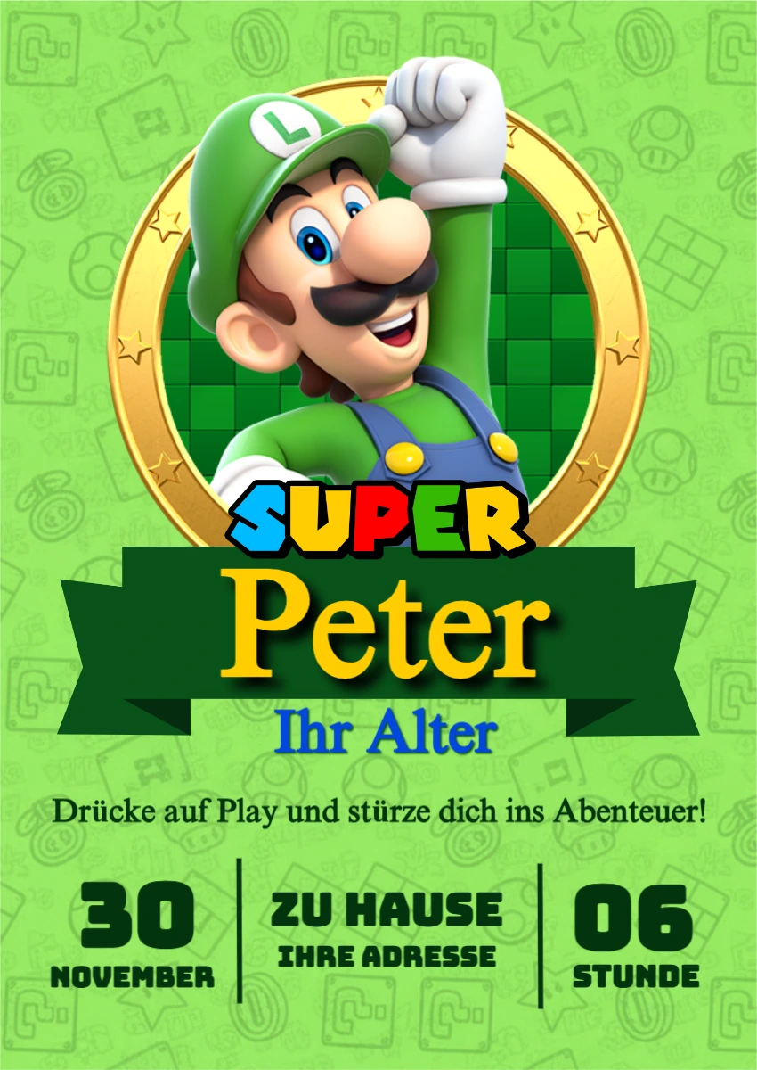 Super Mario Luigi Geburtstagseinladung zum Bearbeiten Super Mario Luigi Geburtstagseinladung zum Bearbeiten
