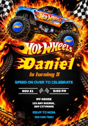 Hot Wheels Monster Truck Fiery Action Editable Invitation