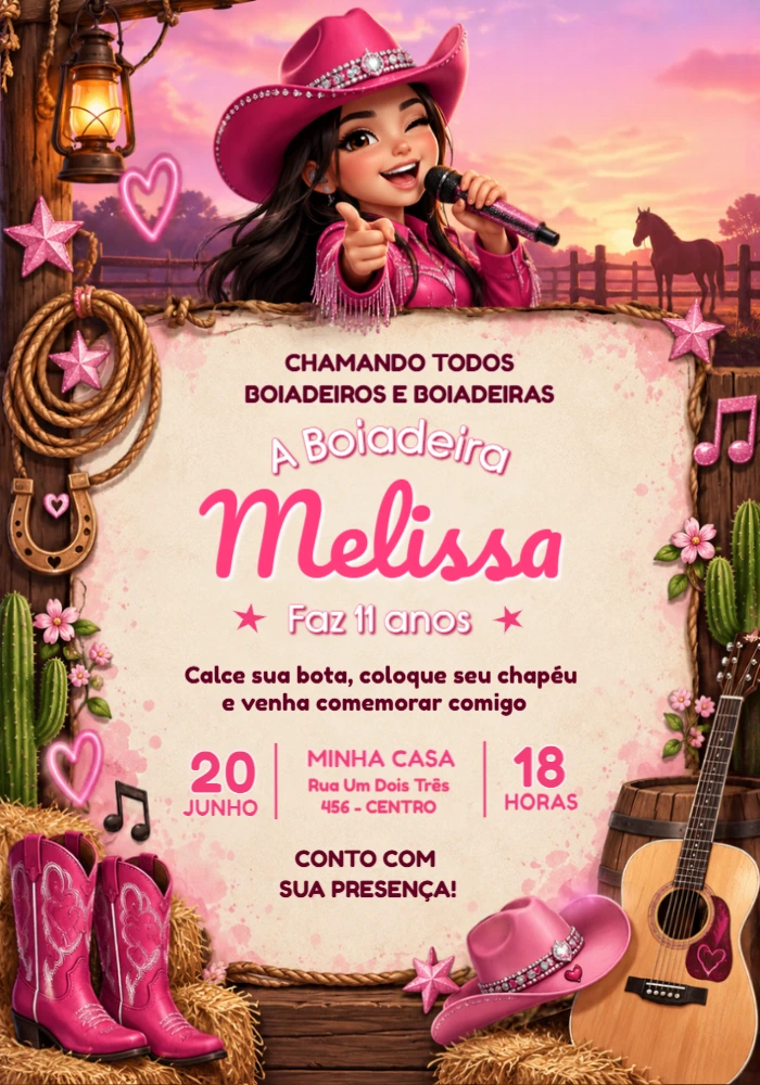 Convite de Aniversário Ana Castela Boiadeira Editável Convite de Aniversário Ana Castela Boiadeira Editável