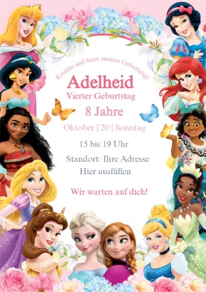 Disney Prinzessinnen Geburtstagseinladung zum Bearbeiten