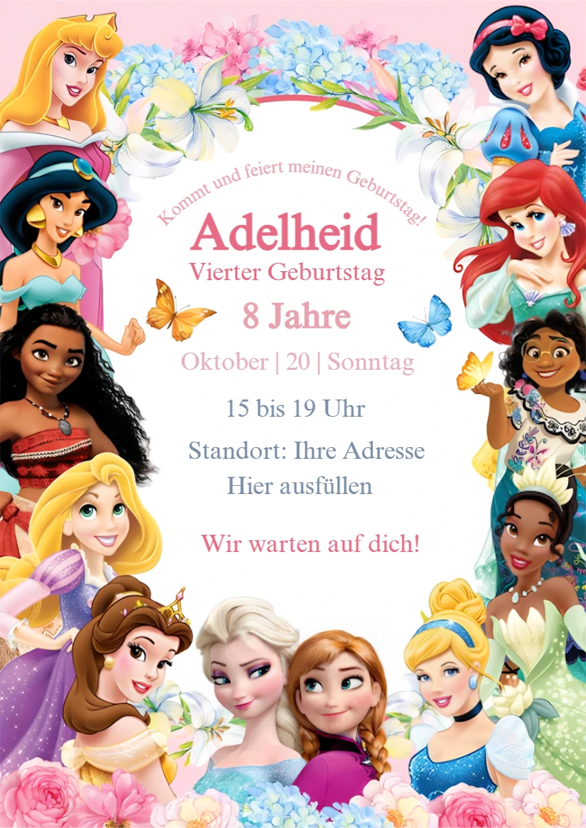 Disney Prinzessinnen Geburtstagseinladung zum Bearbeiten Disney Prinzessinnen Geburtstagseinladung zum Bearbeiten
