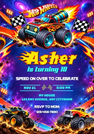 Hot Wheels Monster Trucks Galaxy Race Birthday Invitation Editable