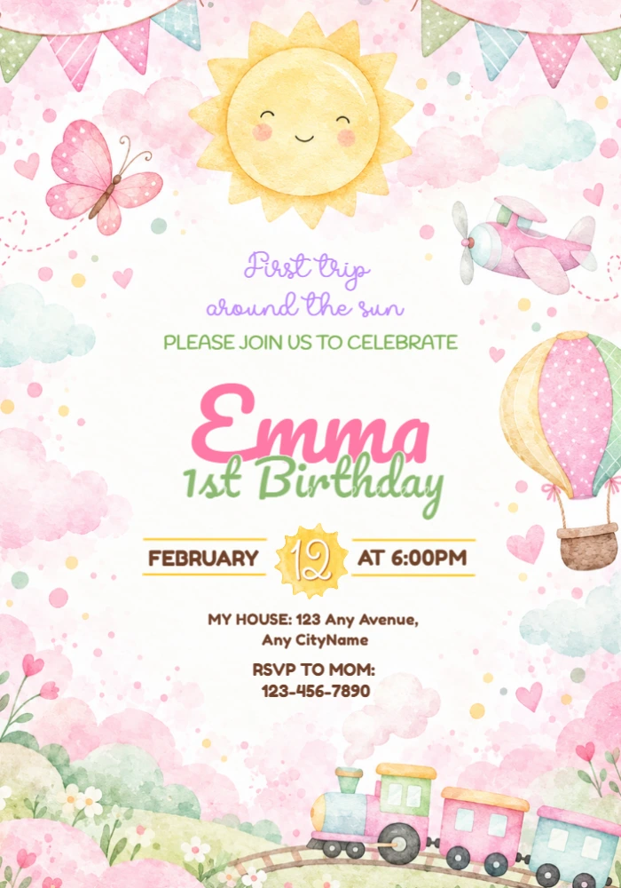First Trip Around the Sun Birthday Invitation | Editable Template First Trip Around the Sun Birthday Invitation | Editable Template