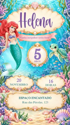 Convite Aniversário Ariel Fundo do Mar com Pérolas Editável