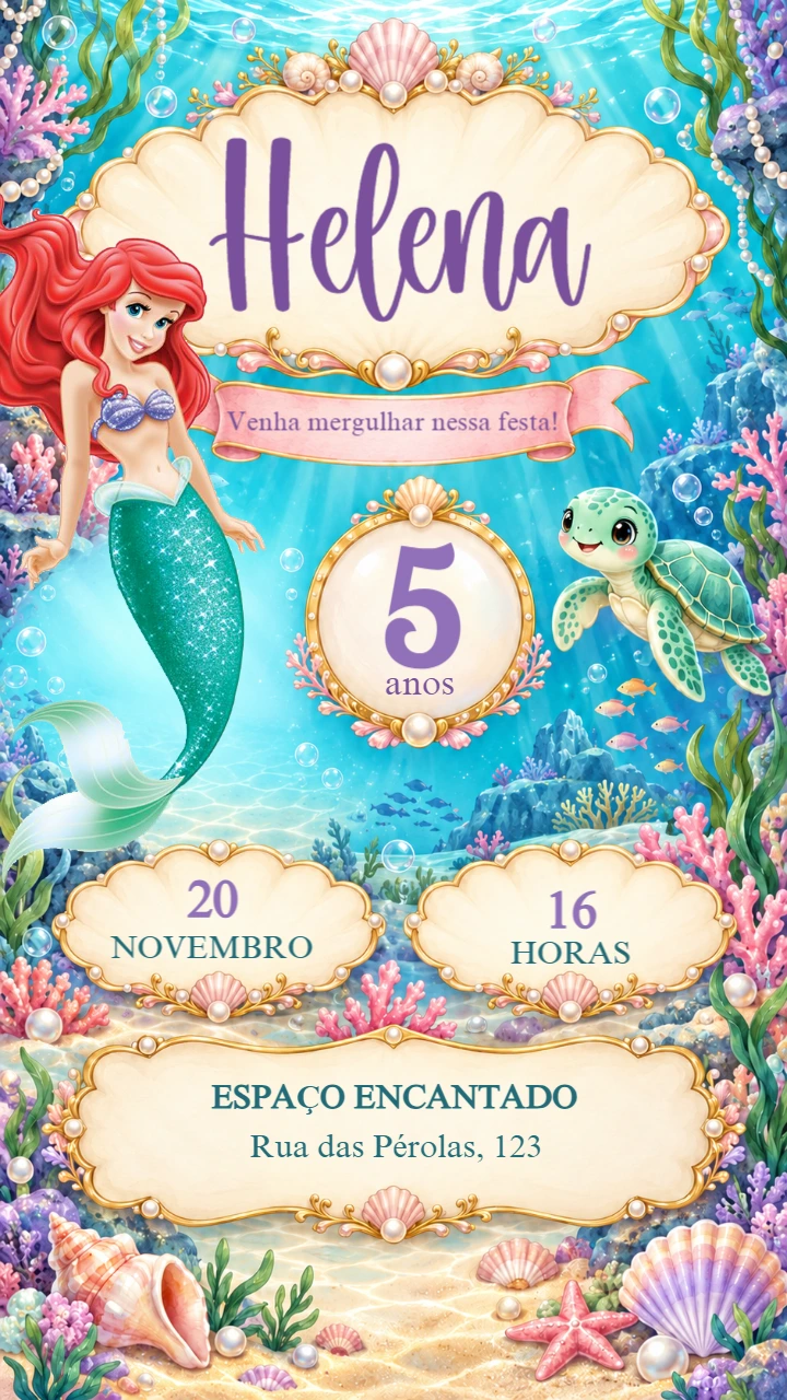 Convite Aniversário Ariel Fundo do Mar com Pérolas Editável Convite Aniversário Ariel Fundo do Mar com Pérolas Editável