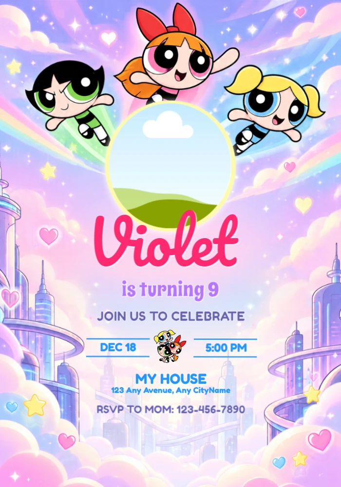 Editable Powerpuff Girls Birthday Invitation with Photo Editable Powerpuff Girls Birthday Invitation with Photo