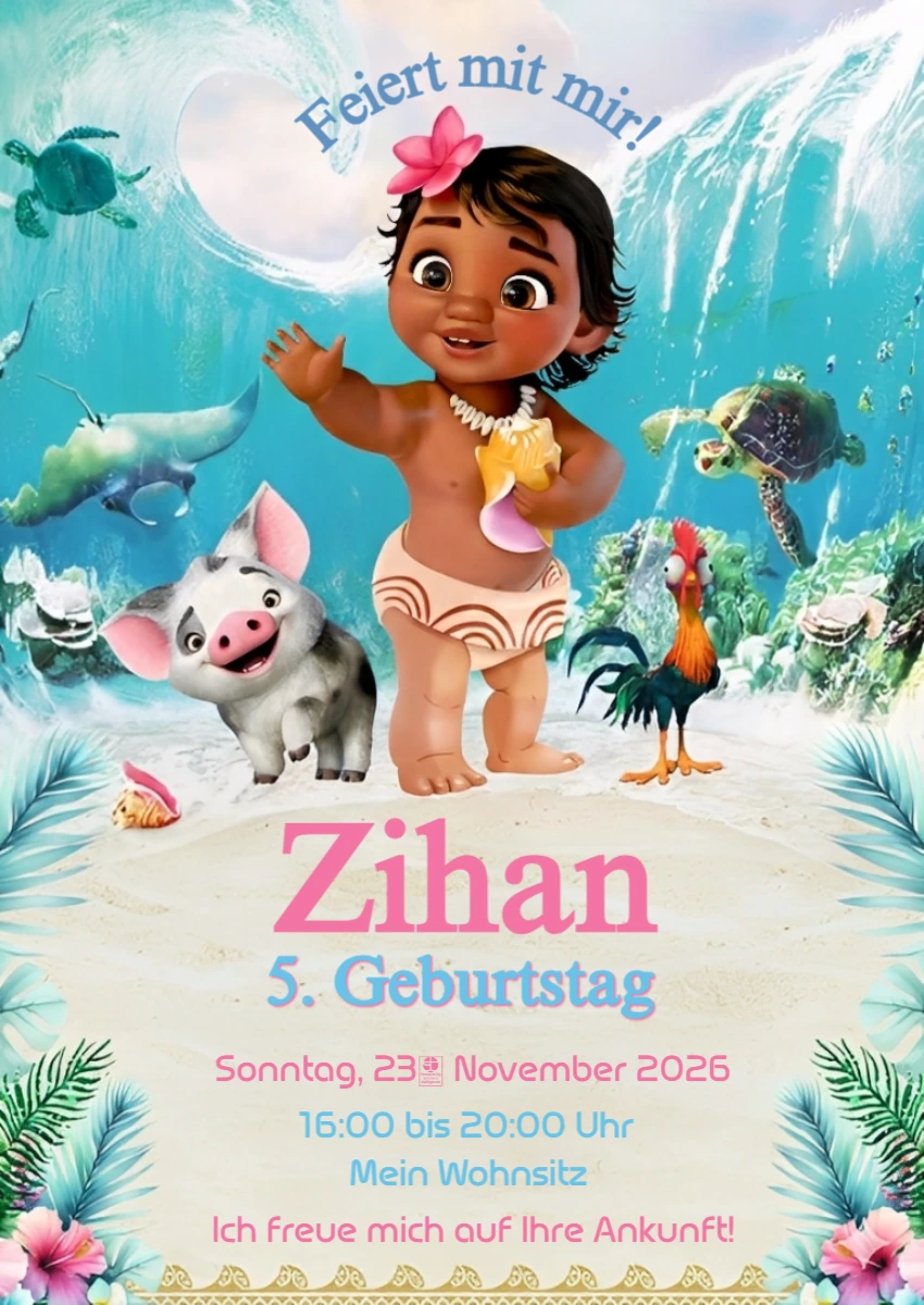Vaiana Baby Geburtstagseinladung: Bearbeitbare Vorlage Vaiana Baby Geburtstagseinladung: Bearbeitbare Vorlage