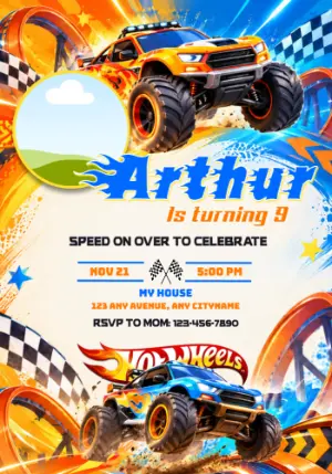 Hot Wheels Monster Trucks Birthday Invitation with Photo Space