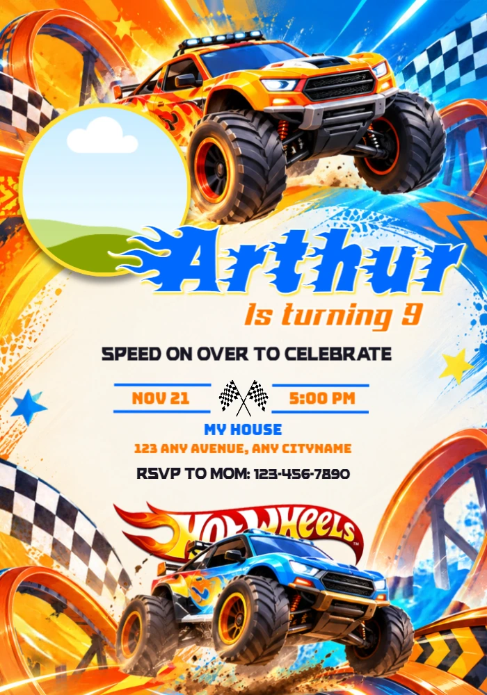 Hot Wheels Monster Trucks Birthday Invitation with Photo Space Hot Wheels Monster Trucks Birthday Invitation with Photo Space