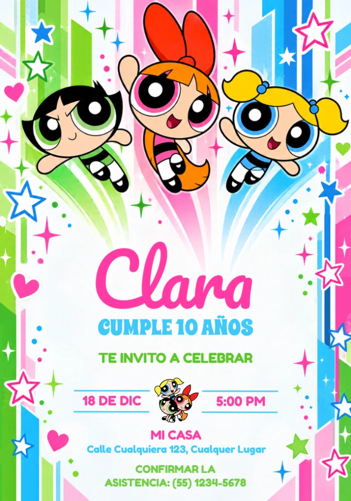 Invitación de Cumpleaños Las Chicas Superpoderosas para Editar Invitación de Cumpleaños Las Chicas Superpoderosas para Editar