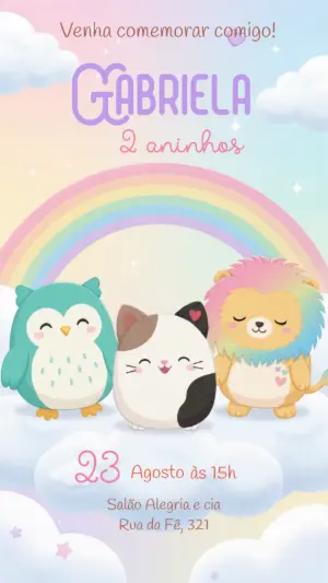 Convite Animado de Aniversário Squishmallows Kawaii para Editar