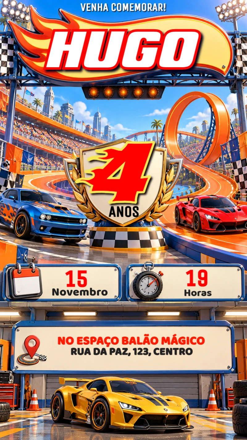 Convite de Aniversário Hot Wheels Pista de Corrida para Editar Convite de Aniversário Hot Wheels Pista de Corrida para Editar