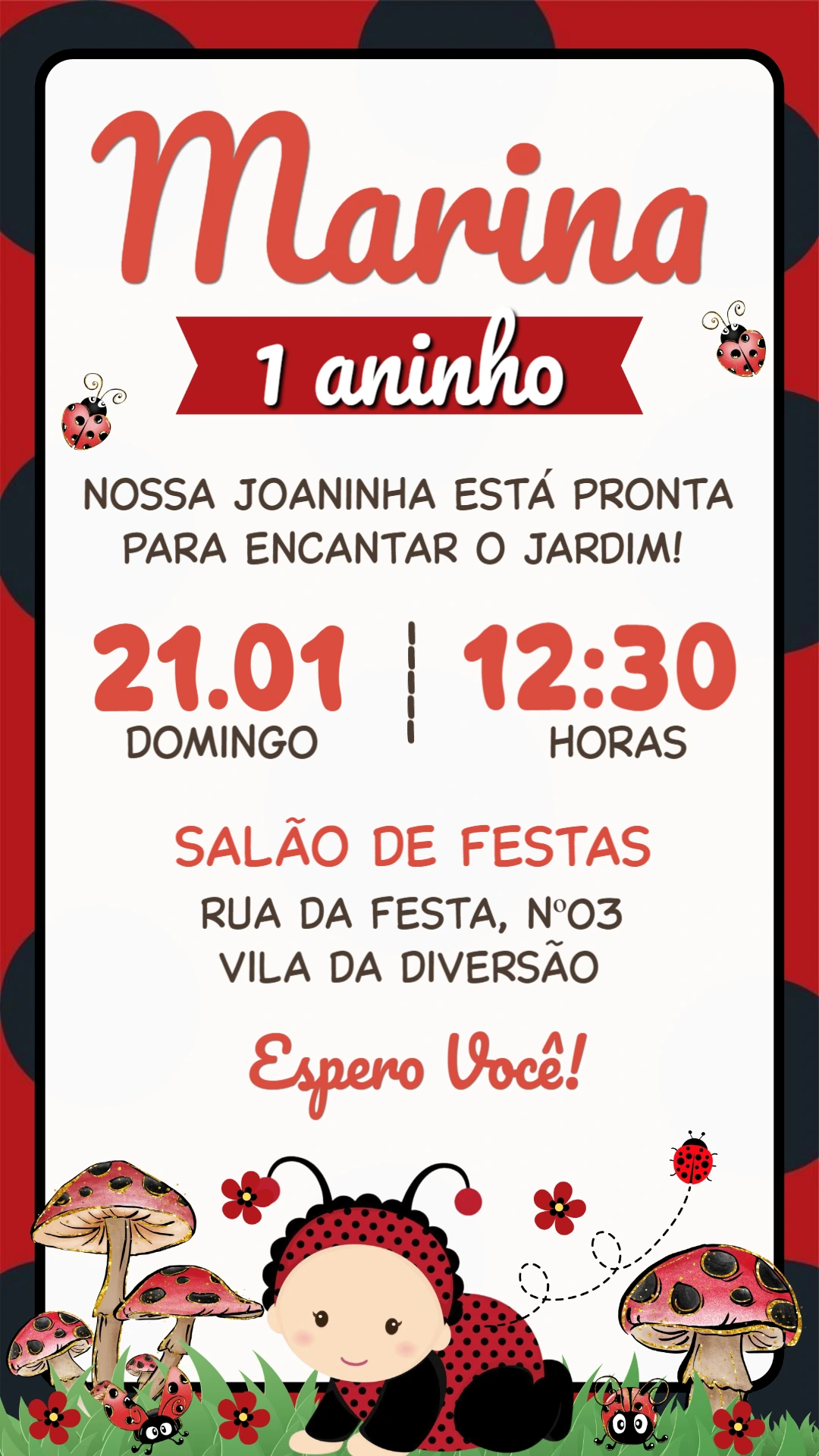 Convite de Aniversário Joaninha Editável para Festa Infantil Convite de Aniversário Joaninha Editável para Festa Infantil
