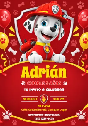 Invitación de Cumpleaños de Marshall Patrulla Canina Editable