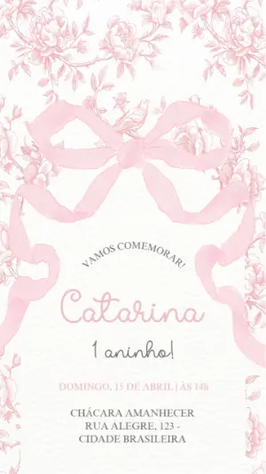 Convite Aniversário Jardim Floral com Laço Rosa Editável