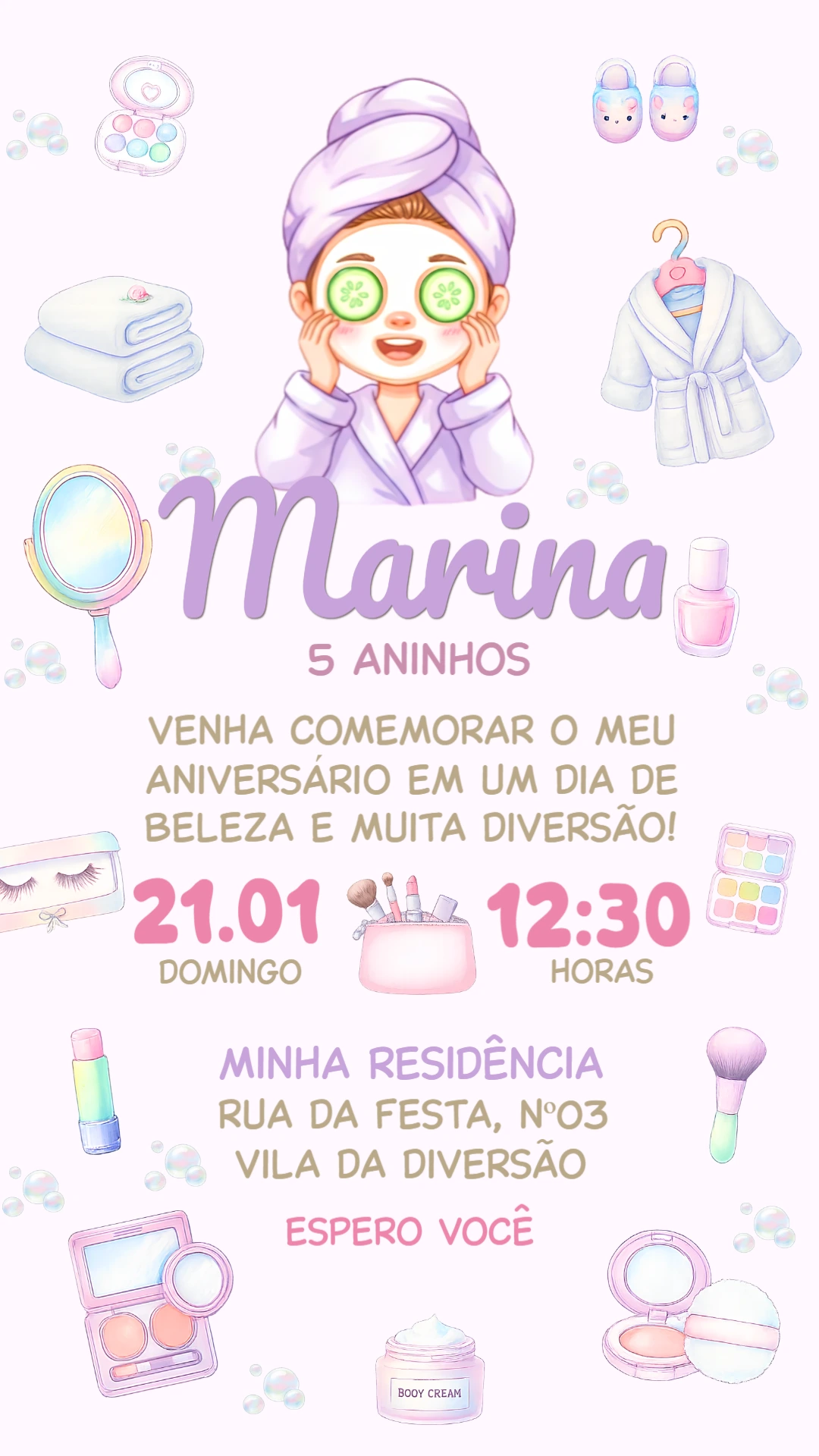 Convite de Aniversário Tema Spa Menina de Roupão para Editar Convite de Aniversário Tema Spa Menina de Roupão para Editar