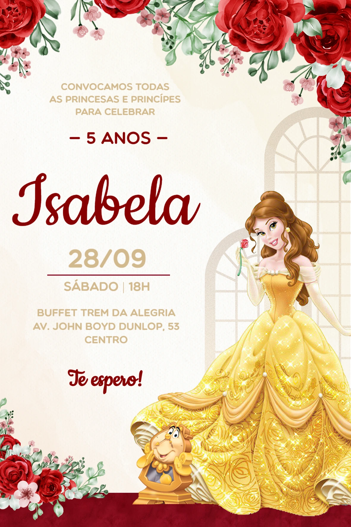 Convite de Aniversário Princesa Bela para Editar Convite de Aniversário Princesa Bela para Editar