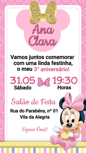 Convite Editável de Aniversário Minnie Baby Rosa e Dourado
