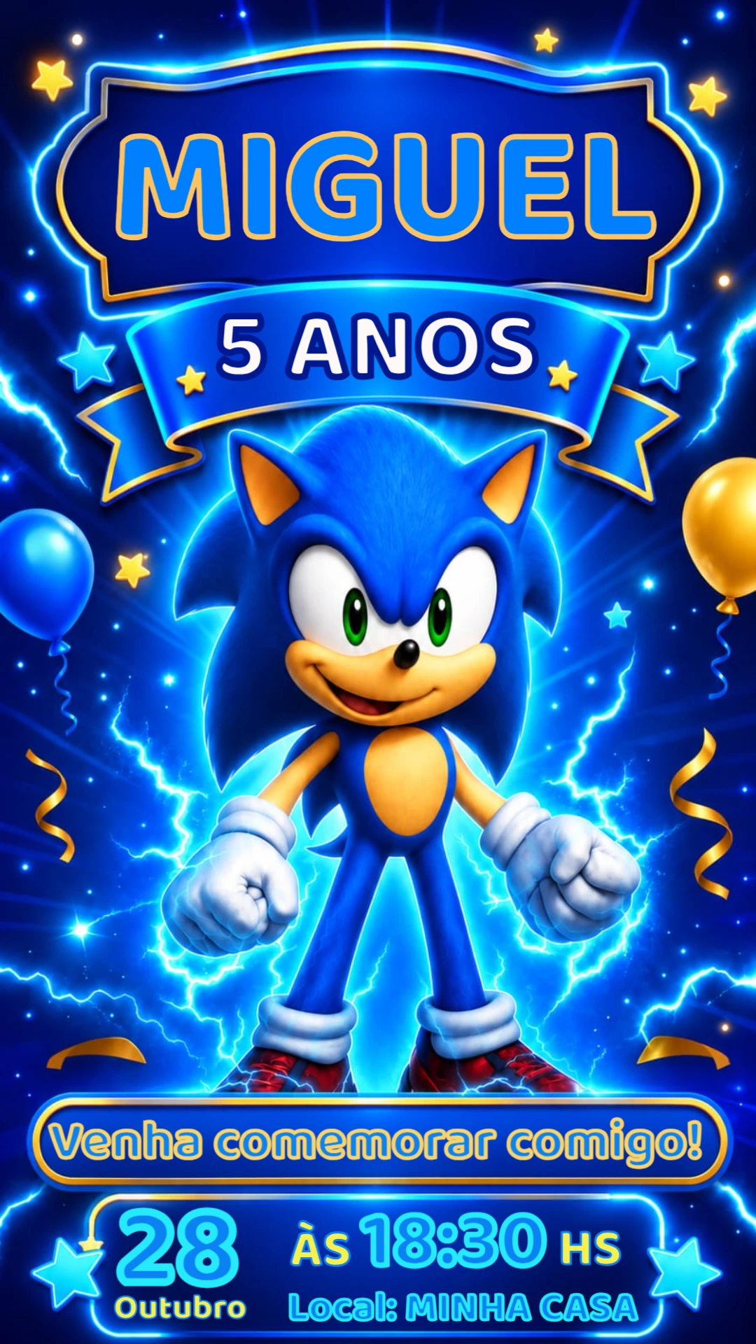 Convite de Aniversário Sonic Efeito Neon para Editar Convite de Aniversário Sonic Efeito Neon para Editar