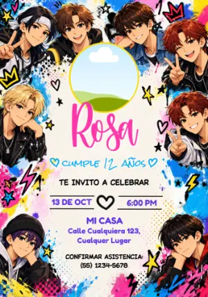 Invitación de Cumpleaños Stray Kids Estilo Anime Urbano Editable