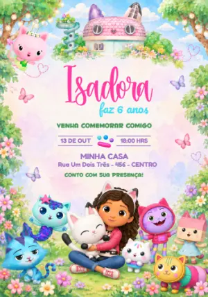 Convite Aniversário A Casa Mágica da Gabby no Jardim Editável