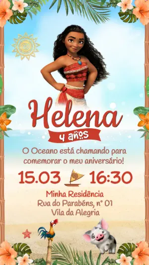 Convite de Aniversário Moana: Modelo Digital Editável Infantil