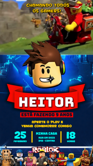 Convite Animado de Aniversário Roblox: Vídeo Gamer Editável