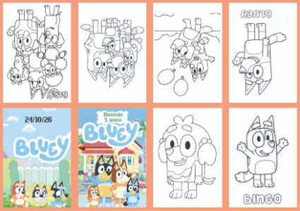 Livrinho de Colorir Bluey e Bingo Editável para Festa Infantil
