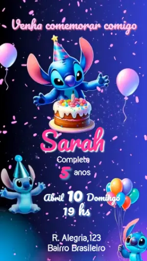 Convite Animado Stitch Aniversário em Festa Neon para Editar