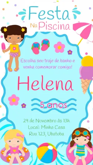 Convite Digital Aniversário Festa na Piscina Menina para Editar