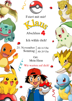 Bearbeitbare Pokémon Geburtstagseinladung mit Ash & Pikachu