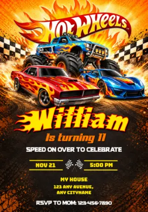 Hot Wheels Monster Truck Birthday Invitation | Fiery Race Cars Template