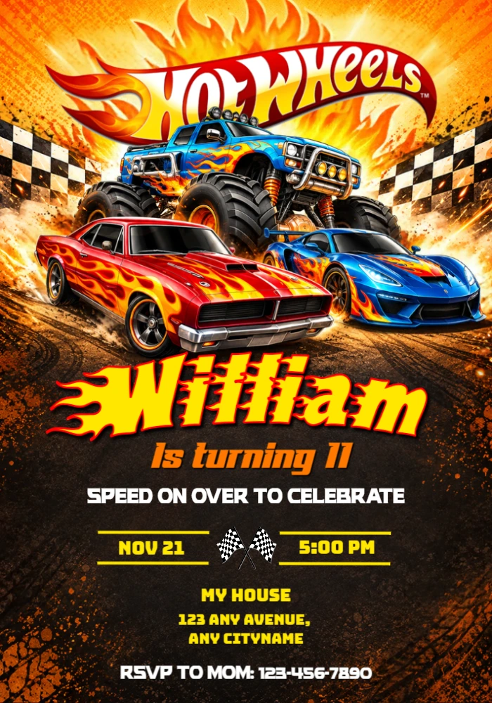Hot Wheels Monster Truck Birthday Invitation | Fiery Race Cars Template Hot Wheels Monster Truck Birthday Invitation | Fiery Race Cars Template