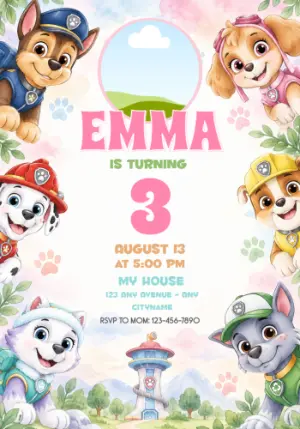 Paw Patrol Watercolor Birthday Invitation with Photo, Editable