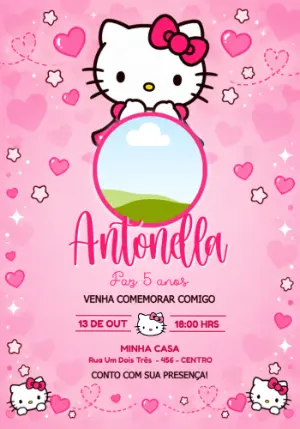 Convite de Aniversário Hello Kitty com Foto Editável