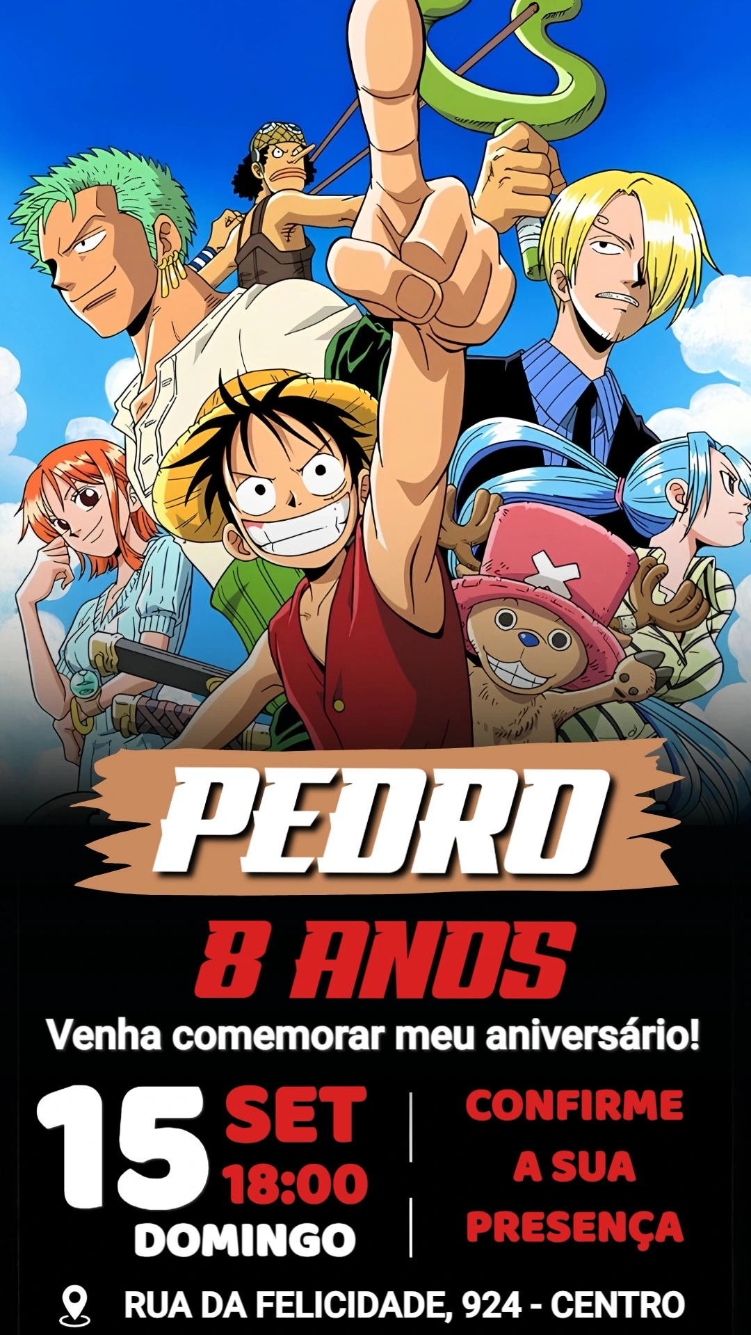 Convite de Aniversário One Piece: Modelo Digital Editável Convite de Aniversário One Piece: Modelo Digital Editável