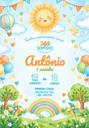 Convite 1º Aninho 365 Sorrisos Primeira Volta ao Sol Editável