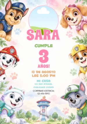 Invitación de Cumpleaños Patrulla Canina acuarela con foto para editar