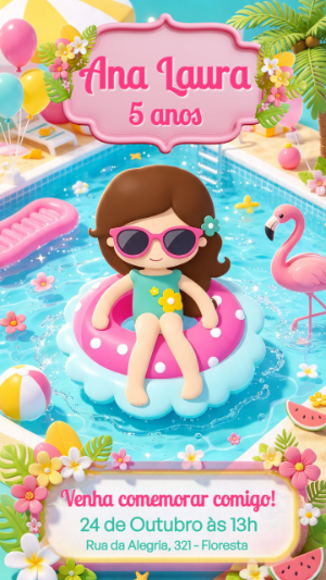 Convite de Aniversário Festa na Piscina Menina 3D Editável