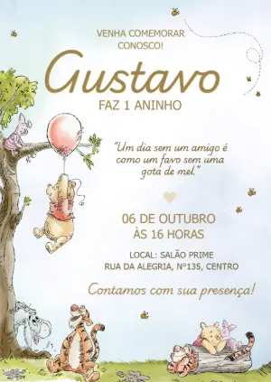 Convite de Aniversário Ursinho Pooh Aquarela para Editar