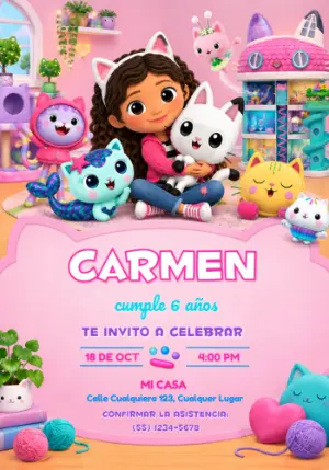 Invitación de Cumpleaños La Casa Mágica de Gabby para Editar