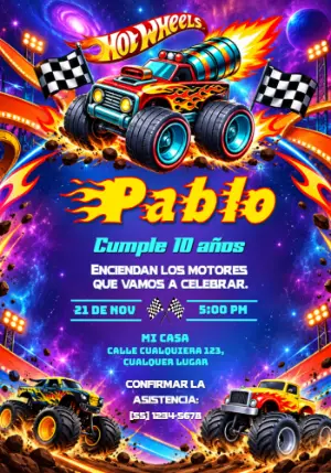 Invitación de Cumpleaños Hot Wheels Monster Trucks con Cohete Editable