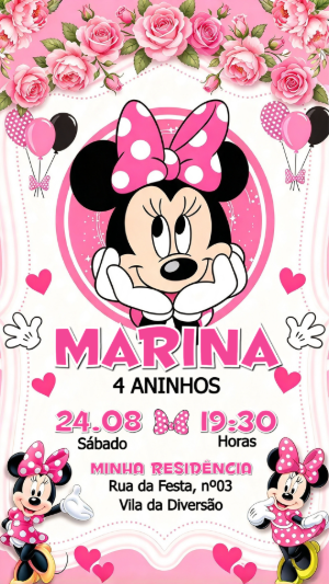Convite de Aniversário Minnie Rosa Editável para Meninas