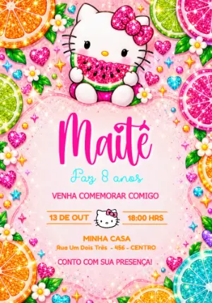 Convite de Aniversário Hello Kitty Frutinhas Editável