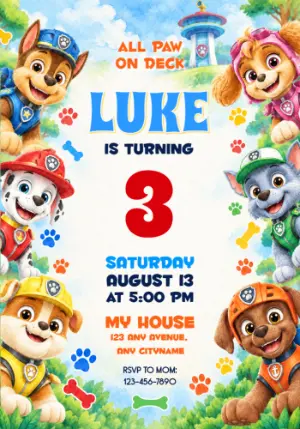 PAW Patrol Watercolor Birthday Invitation Editable Template