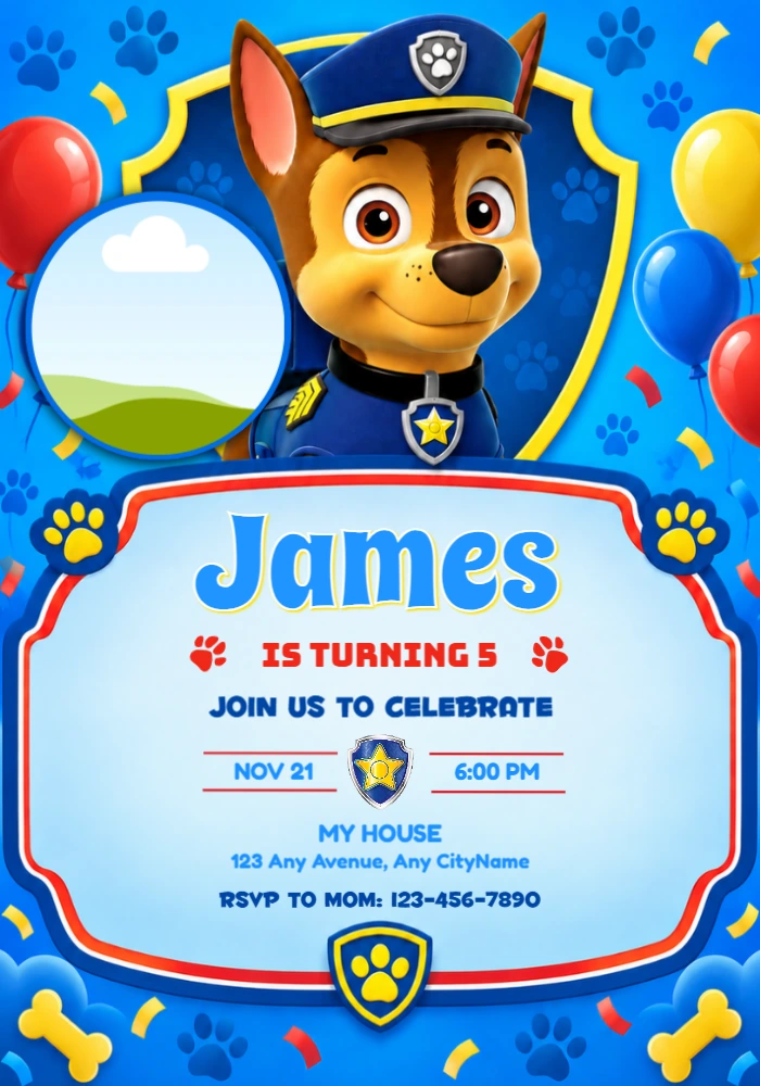 Paw Patrol Chase Birthday Invitation with Photo Editable Template Paw Patrol Chase Birthday Invitation with Photo Editable Template