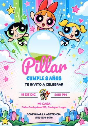 Invitación de Cumpleaños Las Chicas Superpoderosas con Foto Editable
