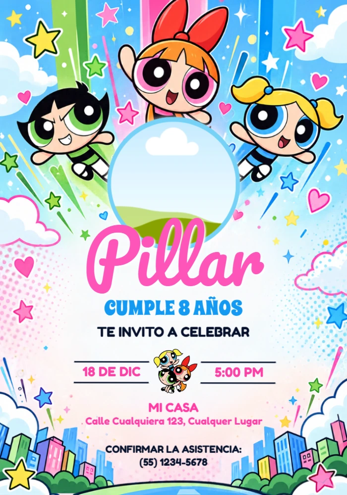 Invitación de Cumpleaños Las Chicas Superpoderosas con Foto Editable Invitación de Cumpleaños Las Chicas Superpoderosas con Foto Editable